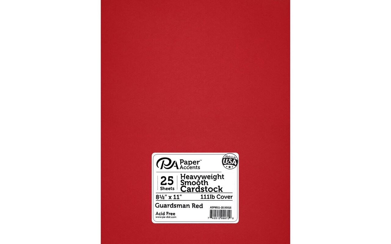 PA Paper Accents Heavyweight Smooth Cardstock 8.5" x 11" Guardsman Red, 111lb colored cardstock paper for card making, scrapbooking, printing, quilling and crafts, 25 piece pack